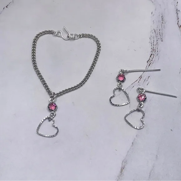 Silver Heart Pink Crystal Silver Doll Necklace Earring Set 14” Wellie Wisher 5/1 - Picture 8 of 15